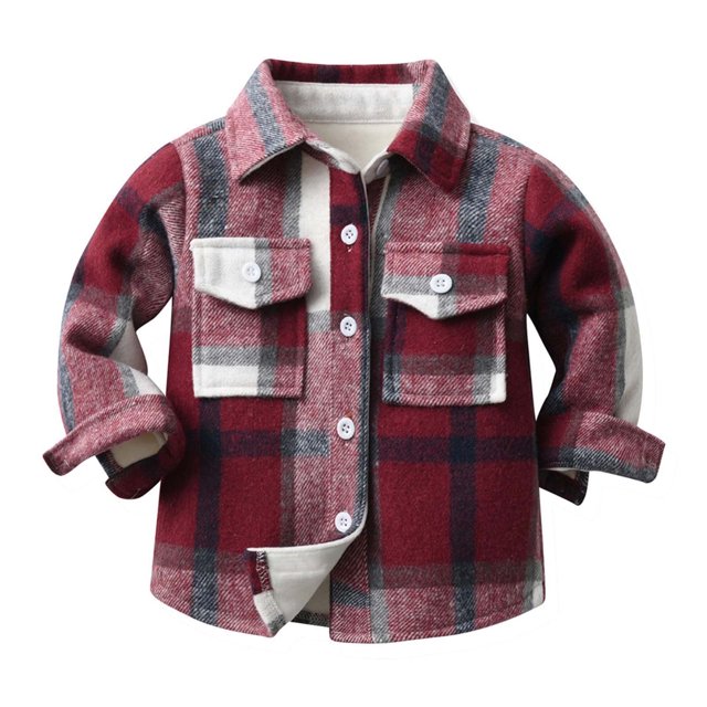Camisa de franela gruesa y afelpada para niños pequeños, chaqueta a cuadros de manga larga con solapa y botones, camisas para niños y niñas, abrigos, tops de otoño