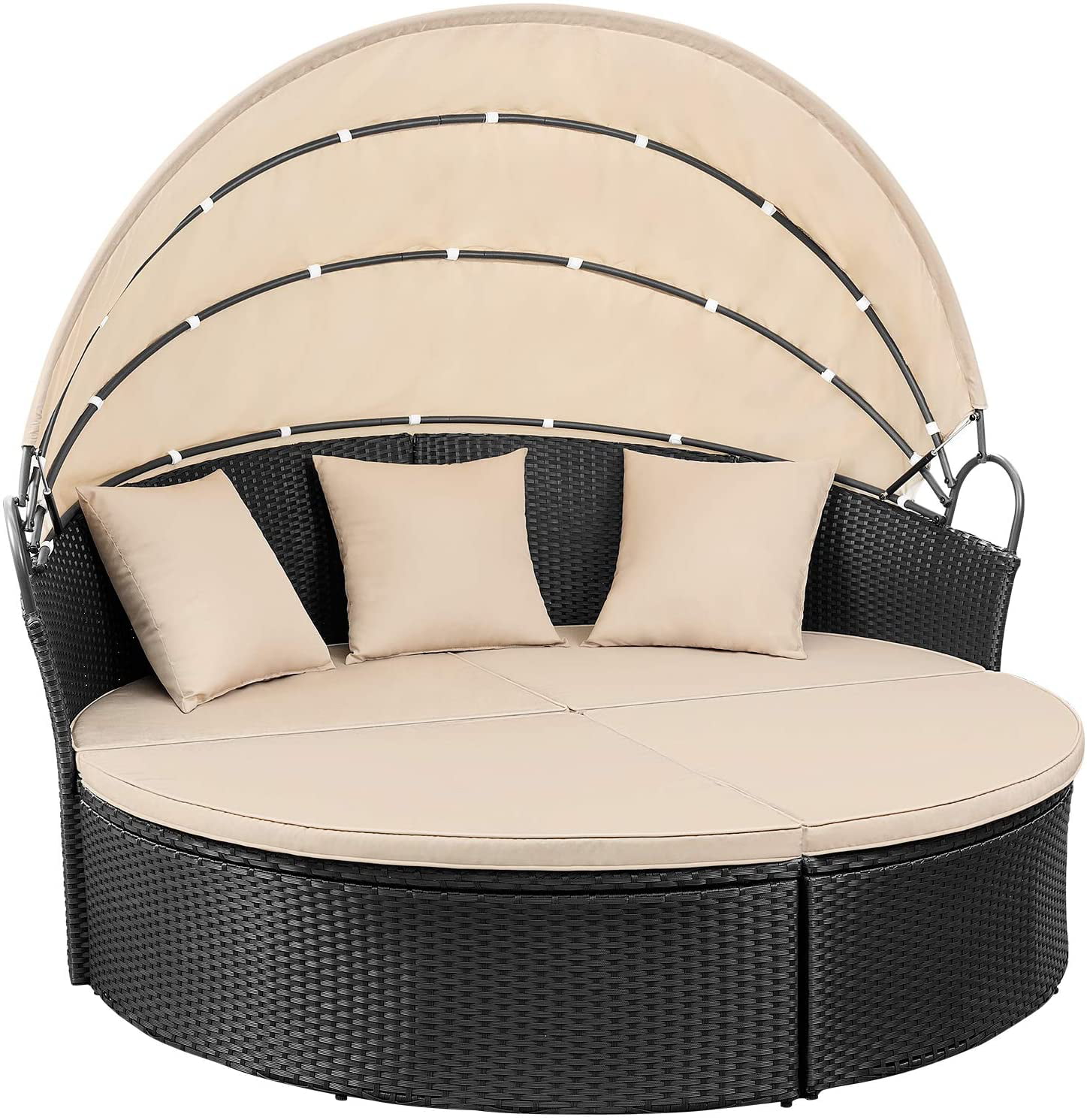 Devoko Outdoor Patio Round Daybed with Retractable Canopy Wicker Furniture Sectiona Daybedl with  Separated Seating, Beige