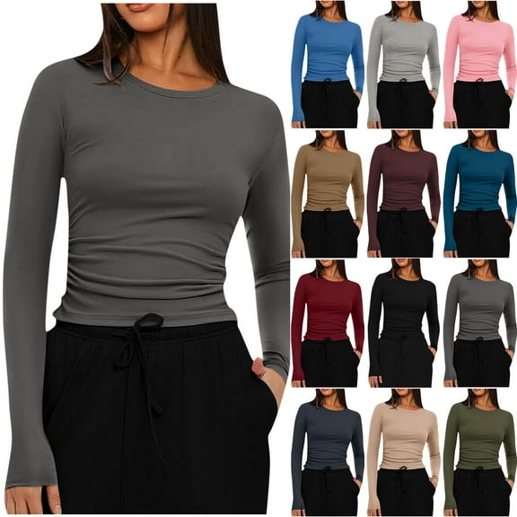 Titcea Long Sleeve Shirts for Women Solid Color Sexy Crew Neck Fitted Casual Tee Fall Fashion Slim Basic Tops