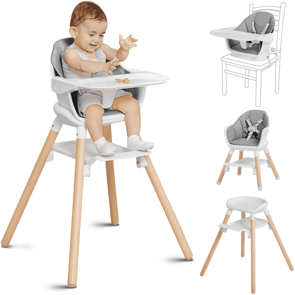 Babyomi Convertible High Chair for 2 Babies, 11-in-1 Wooden Booster with Double Easy-Clean Trays & PU Cushion,White Gray