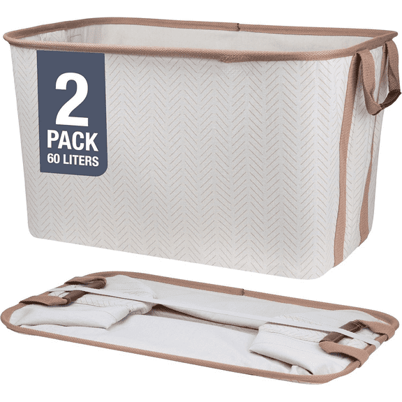 Collapsible Laundry Basket Hamper -  Cream Herringbone 2Pack 60L -SpaceSaving Storage Organizer with Handles Foldable Home Organization