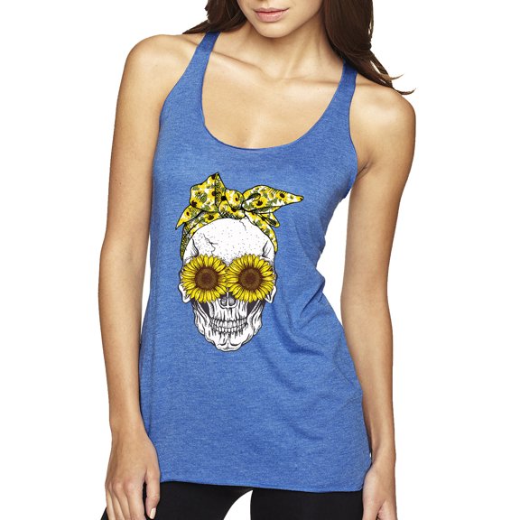 Skull Sunflower Skeleton Bandana Inspirational/Christian Tri-Blend Racerback Tank Top, Vintage Royal, Medium