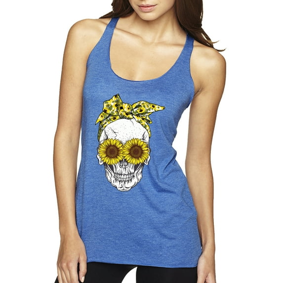 Skull Sunflower Skeleton Bandana Inspirational/Christian Tri-Blend Racerback Tank Top, Vintage Royal, Medium