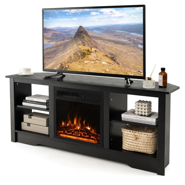 Gymax Meuble TV avec Cheminée Électrique 58 Pieds' 1500W Luminosité Réglable Noir