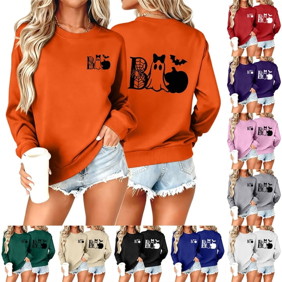 Jsaierl Women's Halloween Sweatshirts Spooky Print Pullovers Fall Loose Fit Round Neck Long Sleeve Sweater Tops Halloween Costumes, Sizes S-2XL