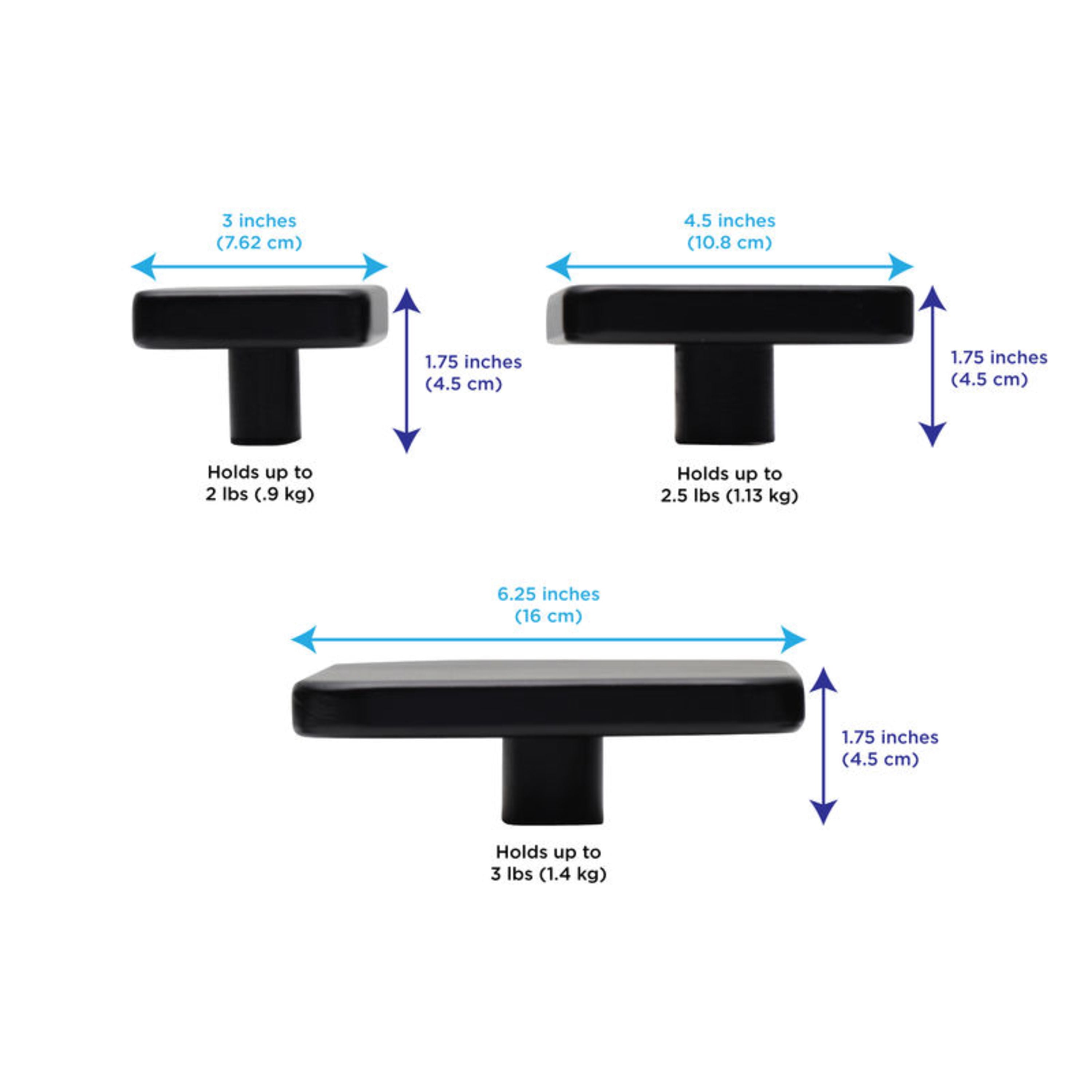 Melannco Set of 3 Black Graduated Square Wall Hooks