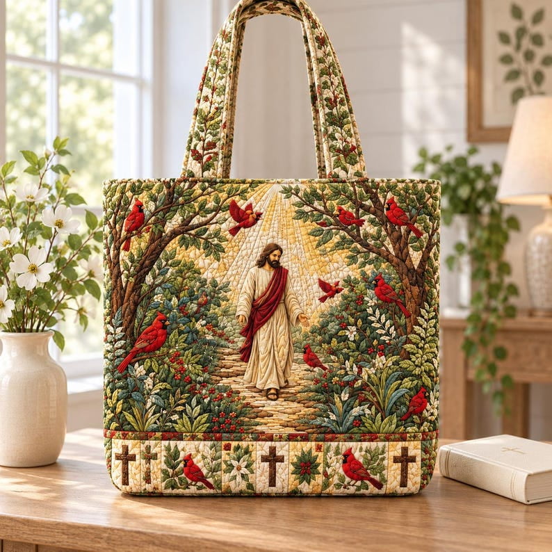 Christian Jesus Quilted Tote Bag, Religious Faith Handbag, Handmade Bible Gift Bag, Cardinal Bird Christian Purse, Inspirational Church Gift