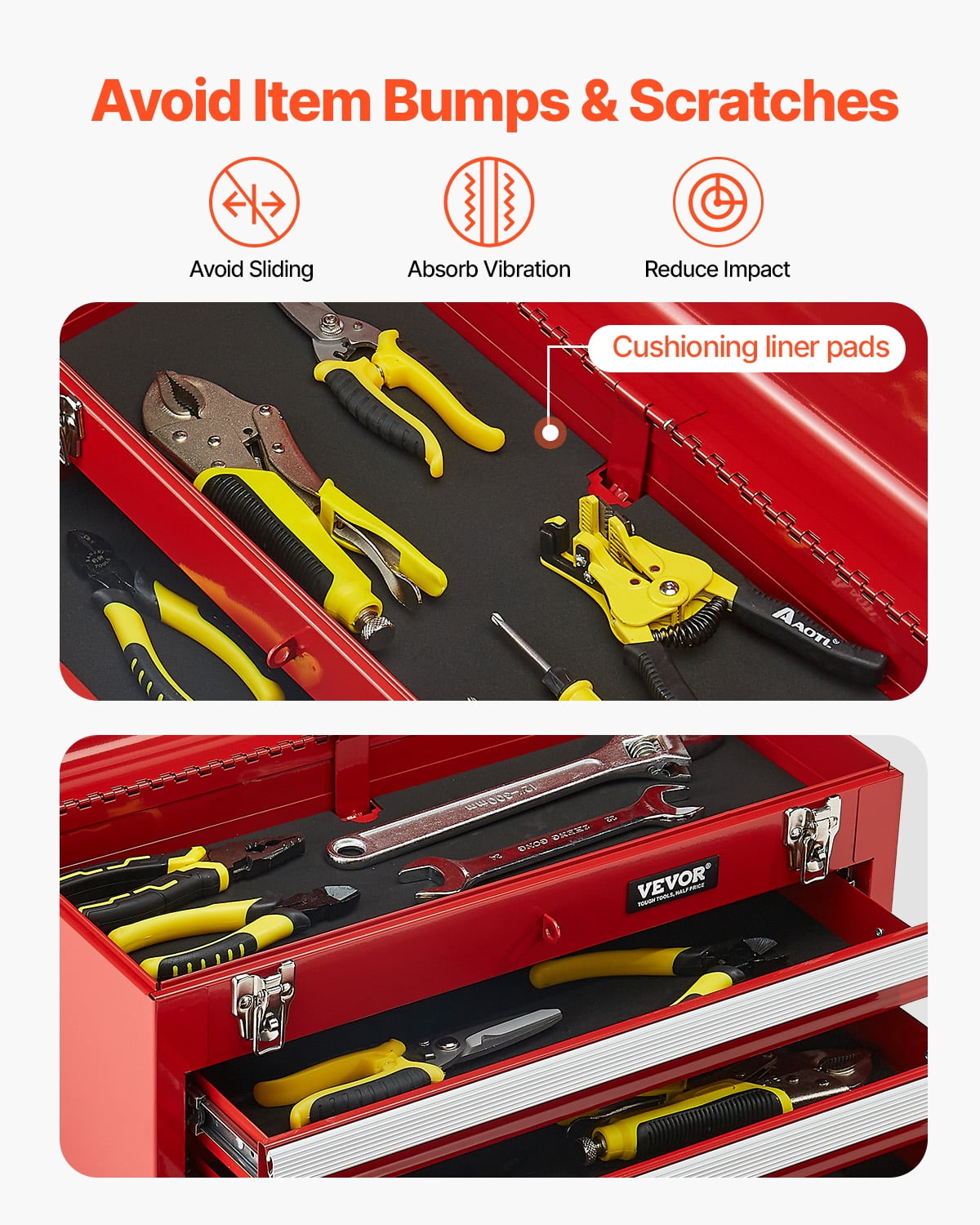 VEVOR Metal Tool Box, 20.5-inch, Portable Metal Tool Box with 3 Drawers, Small Tool Chest with EVA Liners,Ball Bearing Slide Drawers Locking & Powder Coated Finish,Multi-Function Tool Organizer,Red