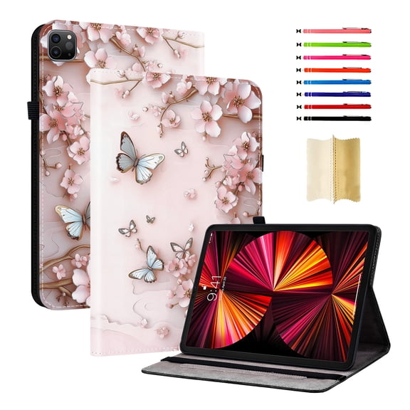 Case for iPad Air 13 2025/Air 13 2024/Pro 12.9" 2022 2018 2020 2021, Slim Kickstand PU Leather Pattern Card Slots Elastic Band Stylus Slot Protective Heavy Duty Protection Folio Cover - A