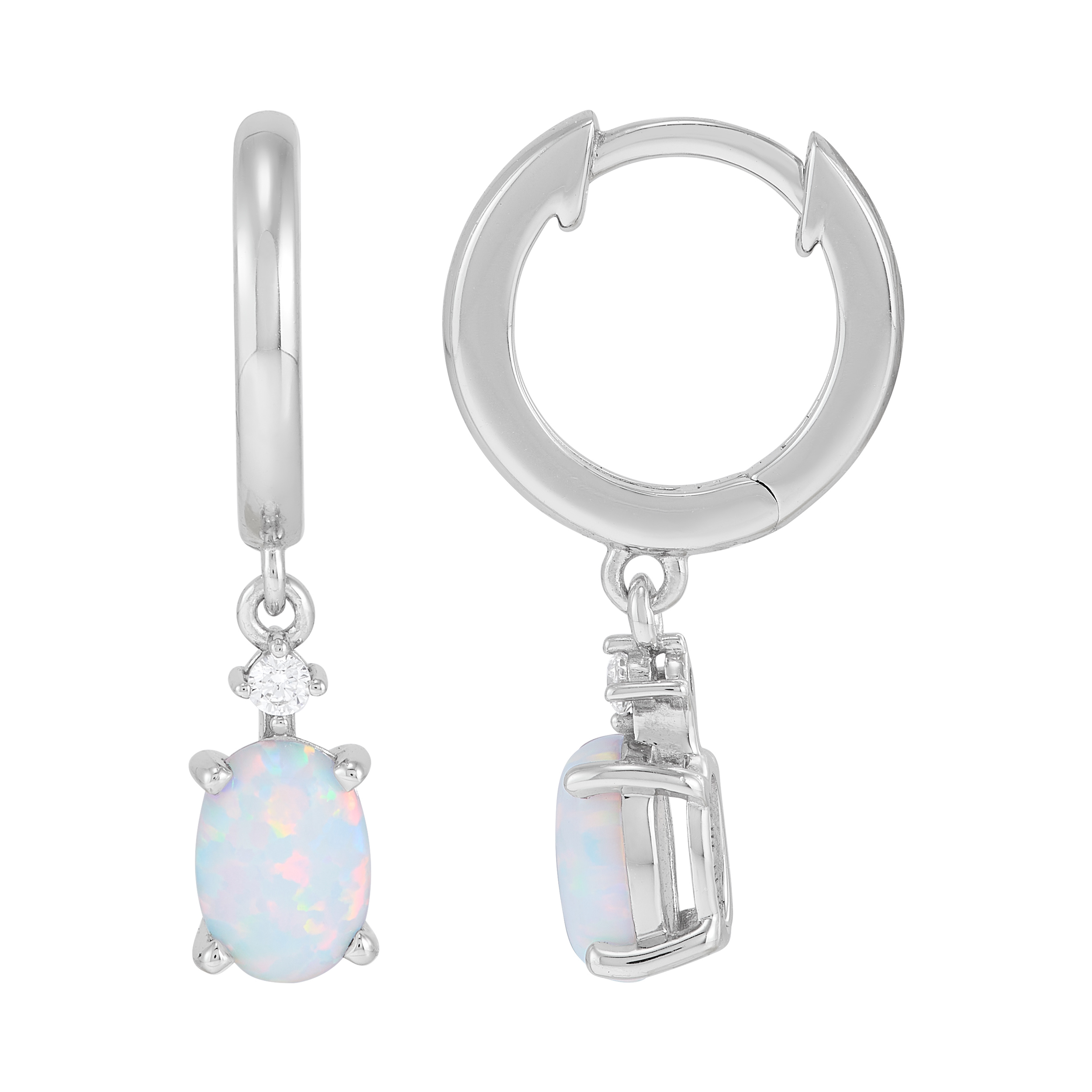 Brilliance Fine Jewelry Oval Created Opal and White Cubic Zirconia Hoop Earrings in Sterling Silver