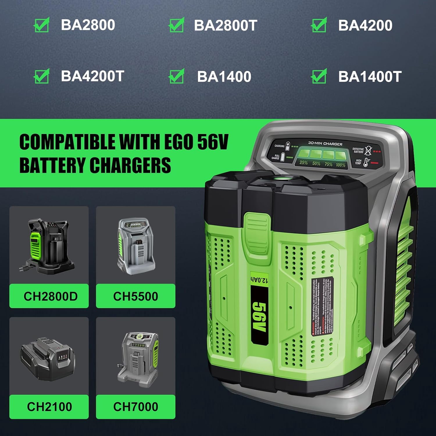 2 Packs 12000mAh High Capacity Replacement for EGO 56V Lithium-ion Battery Compatible with EGO 56 Volt 12.0Ah Battery BA2800T BA4200T BA1400 BA5600T LB6504 LB5804 LB6500 LB4800 Power Tools(Green)