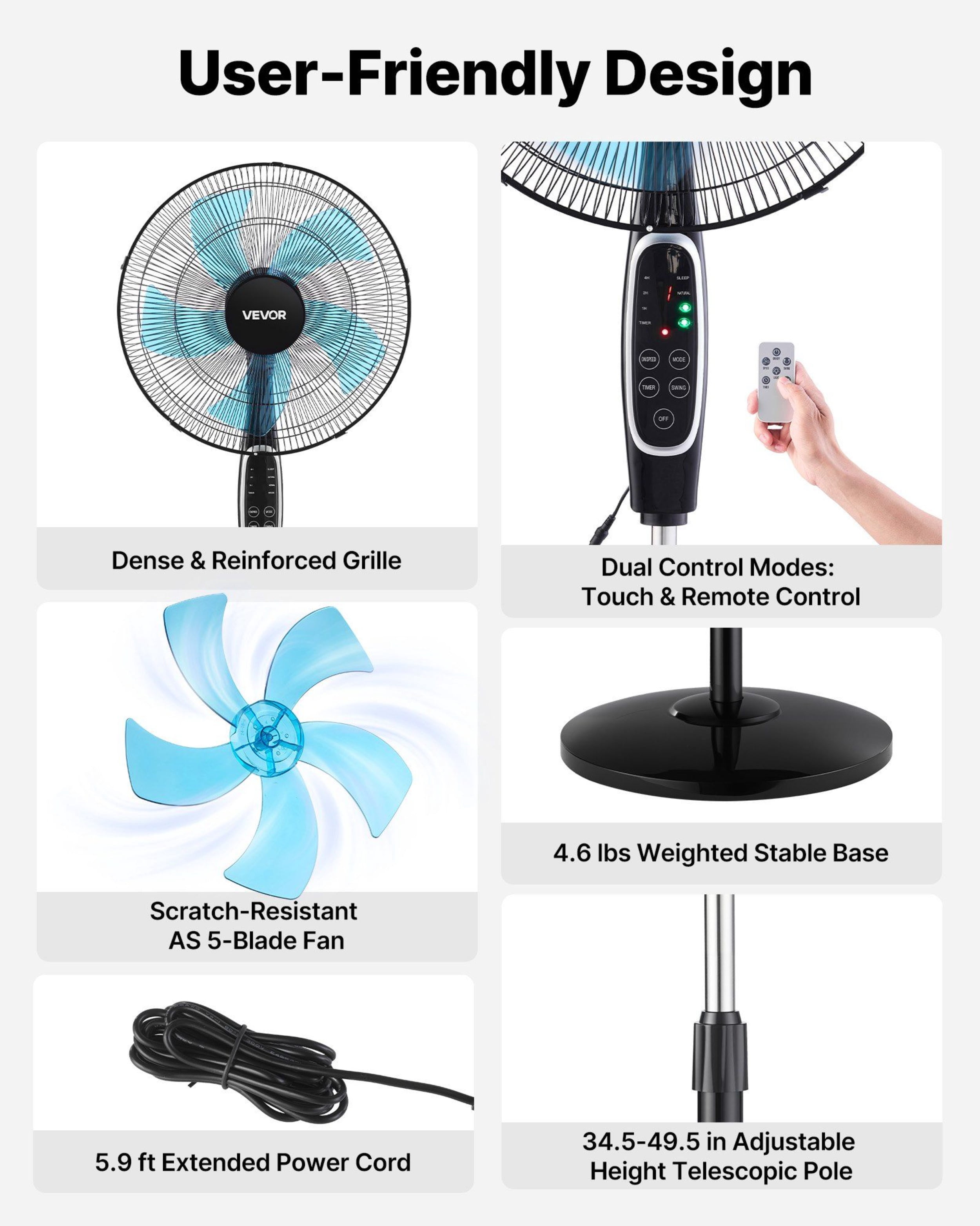 Black Silent Fan, with Remote Control, 9 Speed Settings and 3 Modes, Adjustable Height By Swaying, Silent DC Motor,
