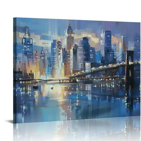 JRXY Cityscape Canvas Wall Art Abstract Skyline New York City Prints Brooklyn Bridge Colorful NYC Picture Framed Home Office Decor 20x16in