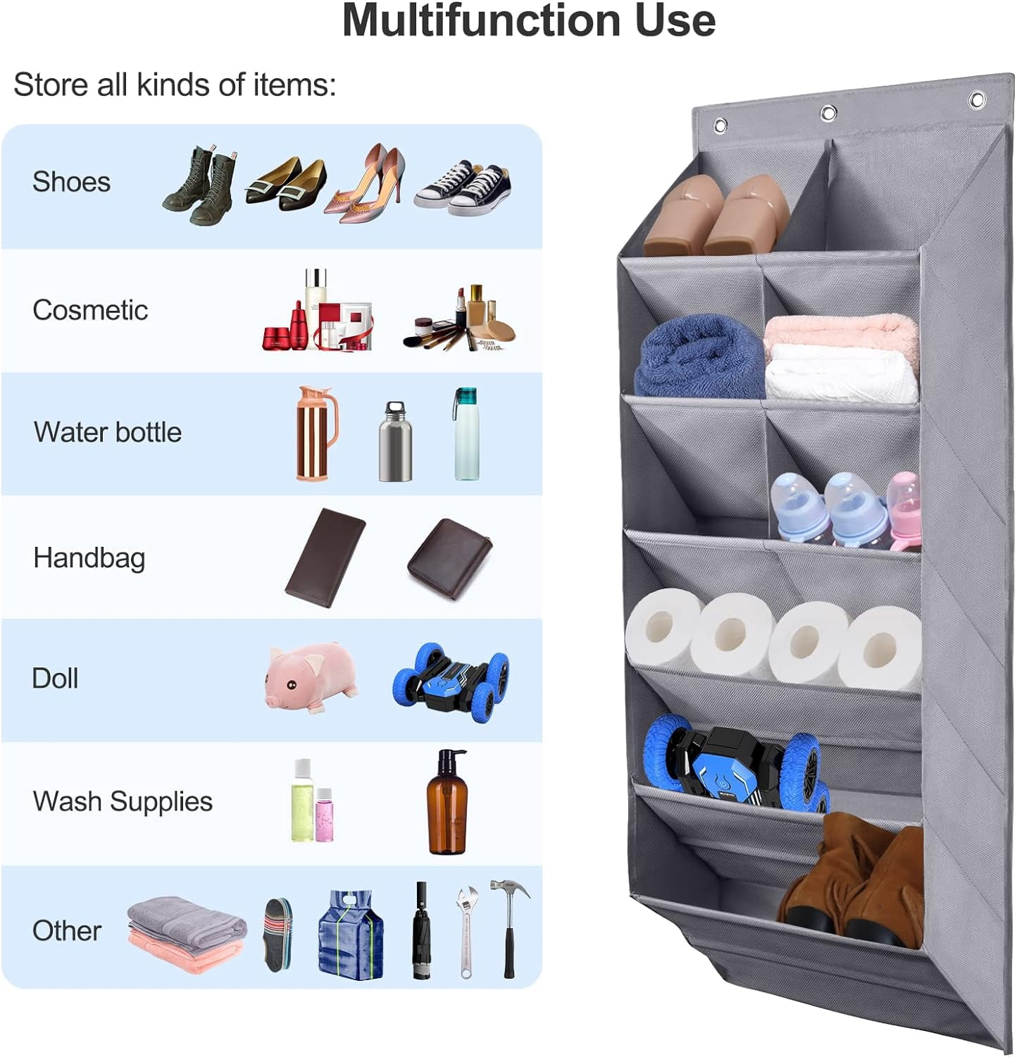 LEUCHTAMOR 9 Pocket Shoe Organizer over the Door, 6 Tiers Large Deep Pockets Door Shoe Rack with 3 Hooks 15 Pairs Shoe Organizer for Shoes,Grey