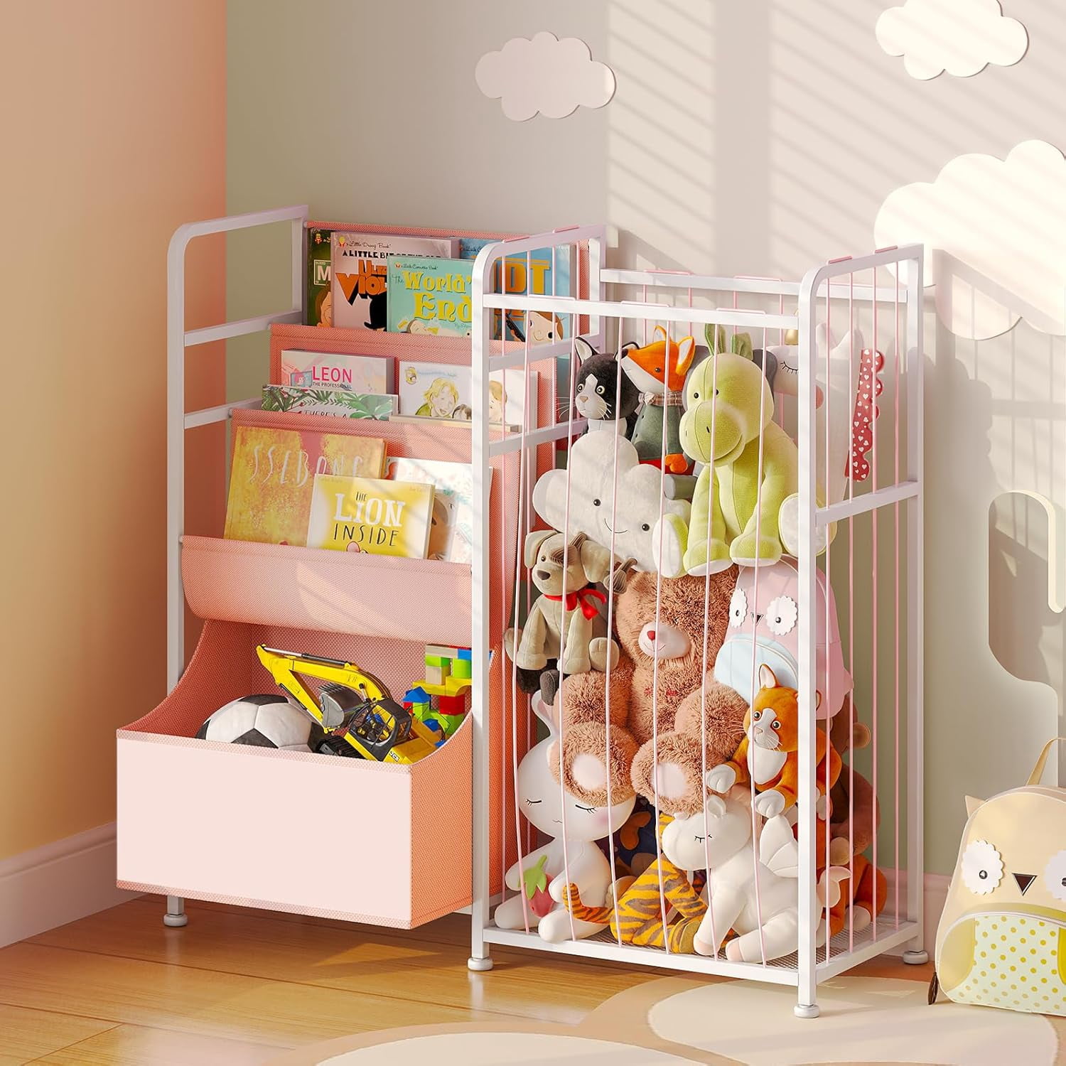 Kids Bookshelf and Stuffed Animal Storage - Multi-Function Nursery Book Shelves with Toy Box and PVC Book Display, Toy Organizer for Playroom, Bedroom, Nursery, Pink