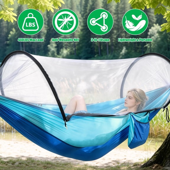 Teqhome 3-in-1 Camping Hammock Hammock with Mosquito Net 440lbs Capacity Dual-Way Zippers Attached Storage Pocket for Outdoor Travel Hiking Backpacking