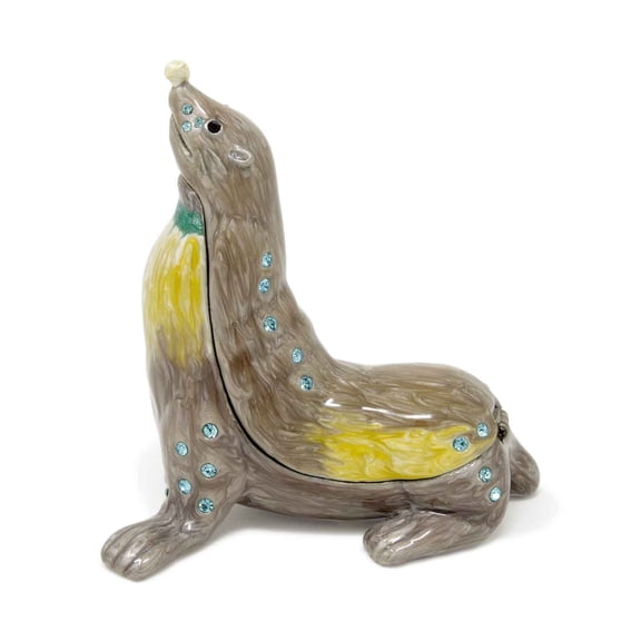 Supreme Housewares Sea Lion with Crystal Glass Pewter Hinged Jewelry Trinket Box with Magnetic Closure