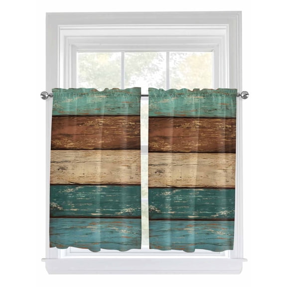 Tier Curtains 45 Inches Long, Teal Turquoise Wooden Window Treatment Curtain Drapes, Rustic Retro Farmhouse Western Country Window Half Privacy Curtains for Bedroom Bathroom, 42"x45", 2 Panels