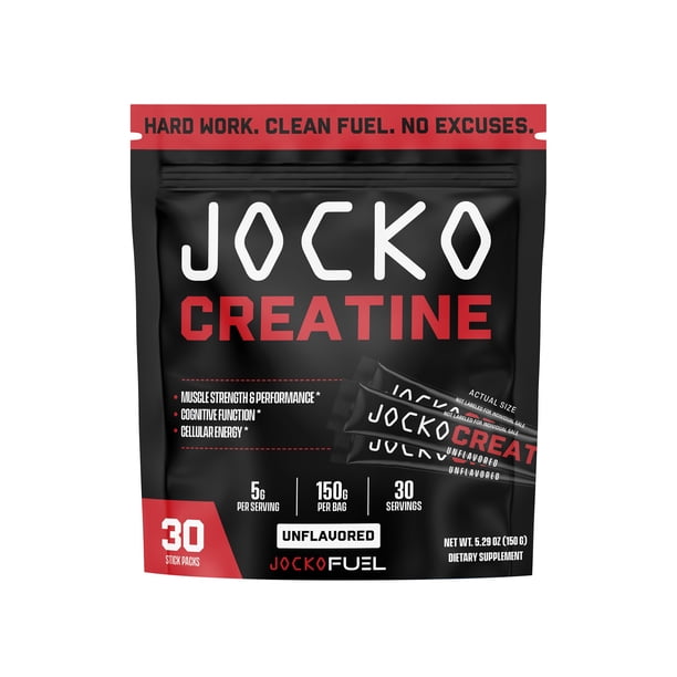 Sobres de Creatina Jocko Fuel - Monohidrato de Creatina en Polvo para Viajes para Hombres y Mujeres, Suplemento para el Rendimiento Atlético y la Salud Muscular, 30 Porciones de 150 g (Sin Sabor)