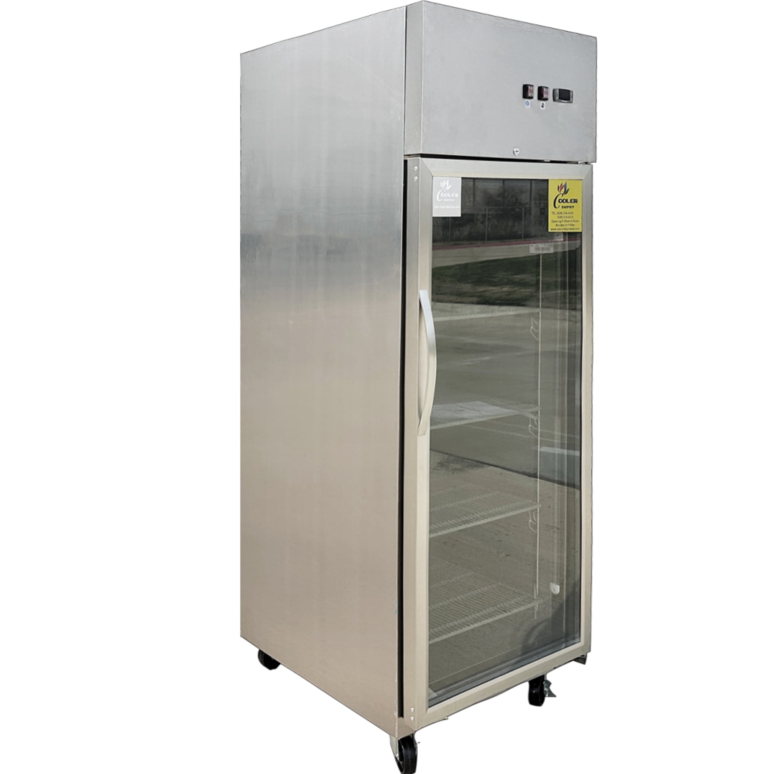 NSF 19 Cu Ft Single Door Commercial Glass Refrigerator Top Mount LED, Stainless Steel Reach In