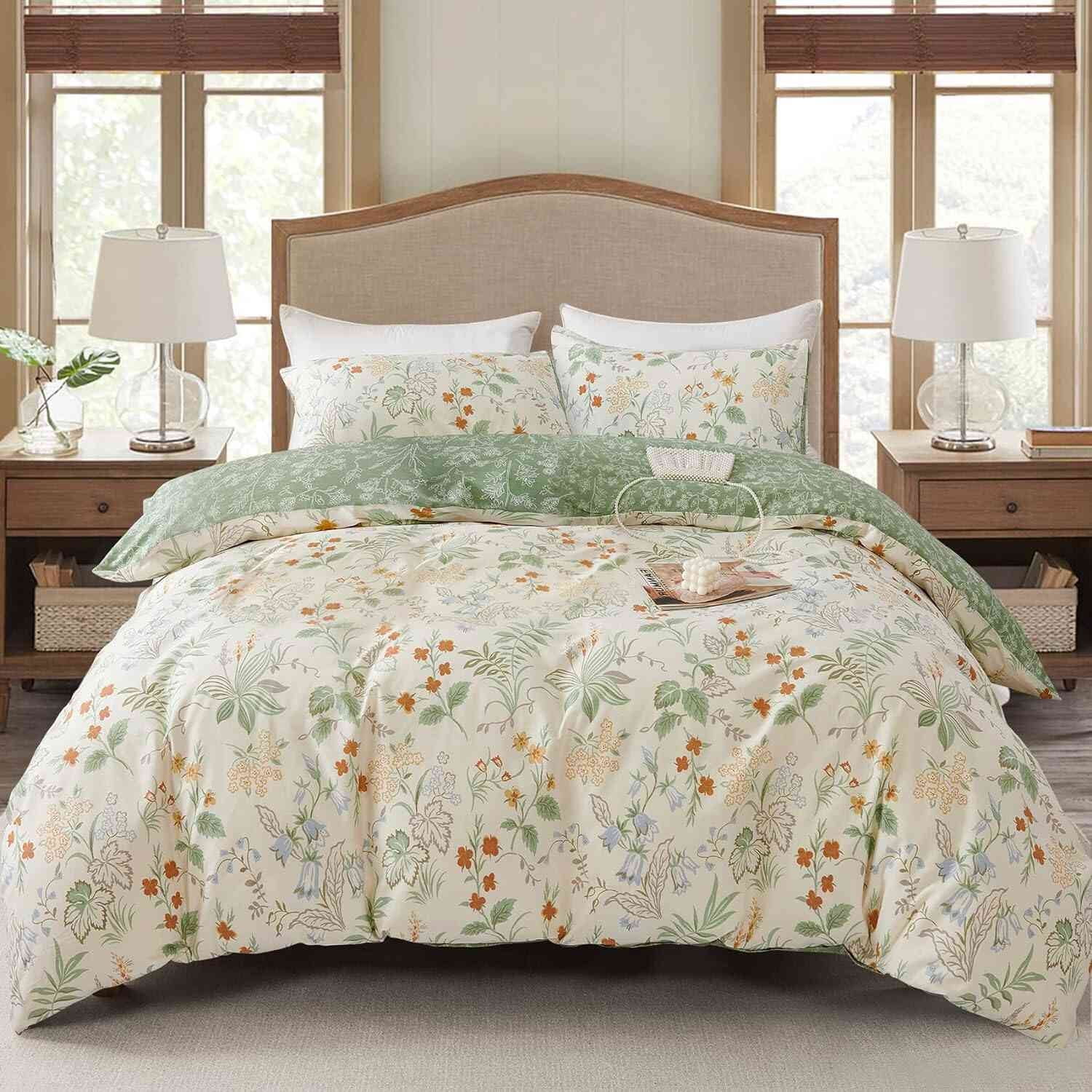 NAYOROOM Green Leaves Duvet Cover King, 3 Pieces Chic Garden Style Botanical Floral Reversible Bedding Sets for Adults