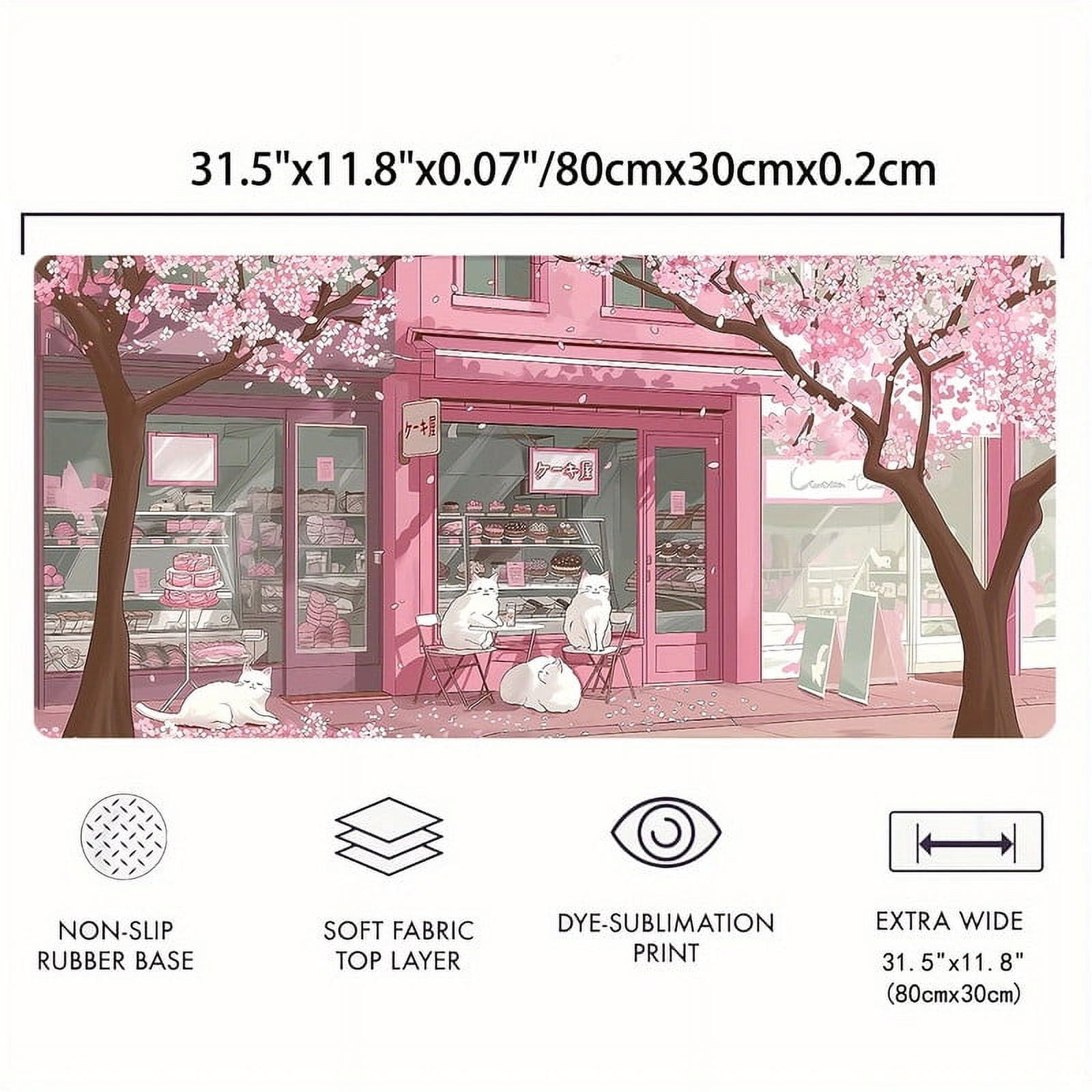Large Pink Cherry Blossoms Anime Cats Mouse Pad - Non-Slip, Waterproof Rubber Base 31.5x11.8 inch Gaming Deskpad with Stitched Edges