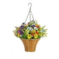 Artificial Hanging Flowers with Basket, Faux Silk Flowers in Woven Basket, Fake Hanging Plants