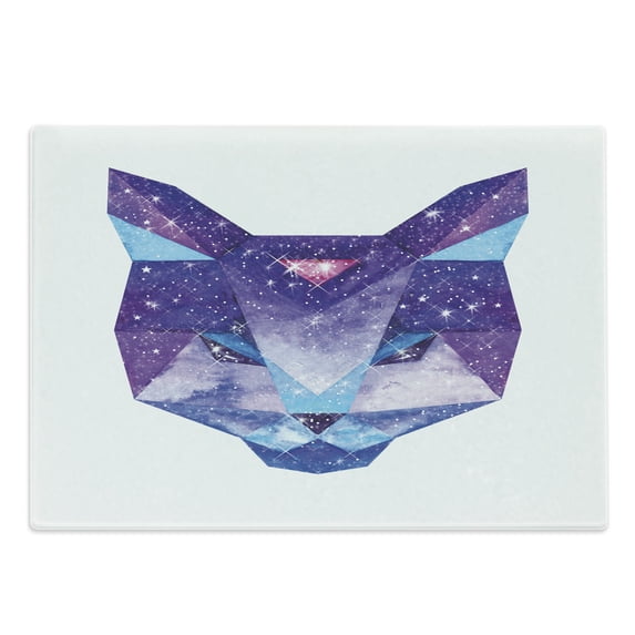 Space Cat Cutting Board, Kitty Head in Geometrical Lines with Star Cluster Cosmology Image, Decorative Tempered Glass Cutting and Serving Board, Large Size, Sky Blue Purple, by Ambesonne