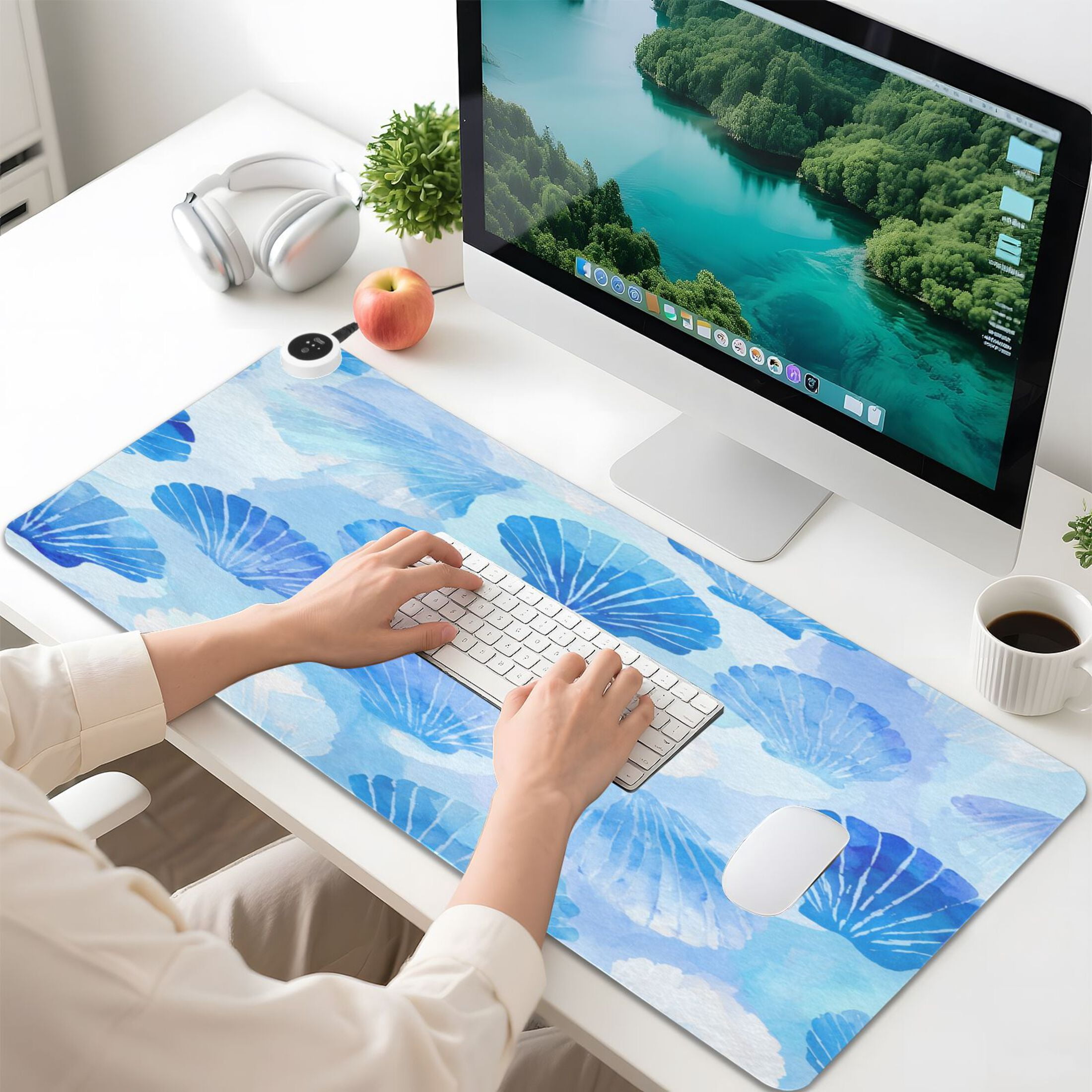 Large Heated Desk Mat Mouse Pad 31.5"x13"PU Leather Graphene Heating Desk Warmer with 3 Temperature Settings 110V US Plug Non-Slip Warm Pad for Home, Office, and Gaming Blue Scallop Shells Watercolor
