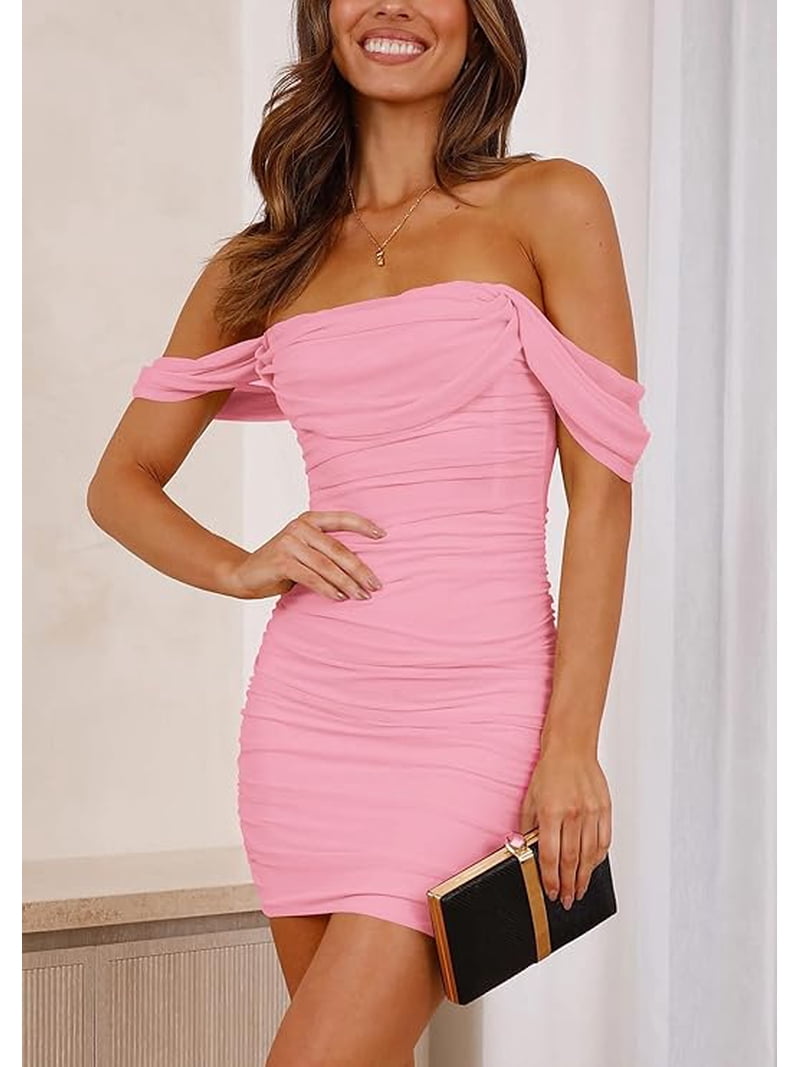 spring dress for graduation party Prettygarden Cocktail Dresses for Women Summer Off Shoulder Bodycon Mini Graduation Party Spring Wedding Guest Dress, Women's, Size: XL, Pink