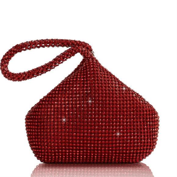 Labymos Elegant Rhinestone Evening Clutch with Wrist Strap for Weddings, Parties, and Special Events - Red, Large Size