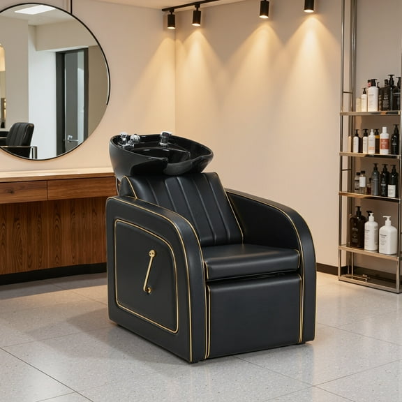 BarberPub Backwash Shampoo Chair and Bowl Set, Shampoo Station Chair for Spa Beauty Salon, Black