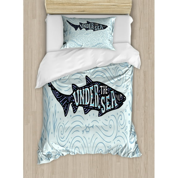 Under the Sea Duvet Cover Set Twin Size, Doodle Style Nautical Design of a Fish with Funny Lettering, Decorative 2 Piece Bedding Set with 1 Pillow Sham, Pale Blue and Multicolor, by Ambesonne