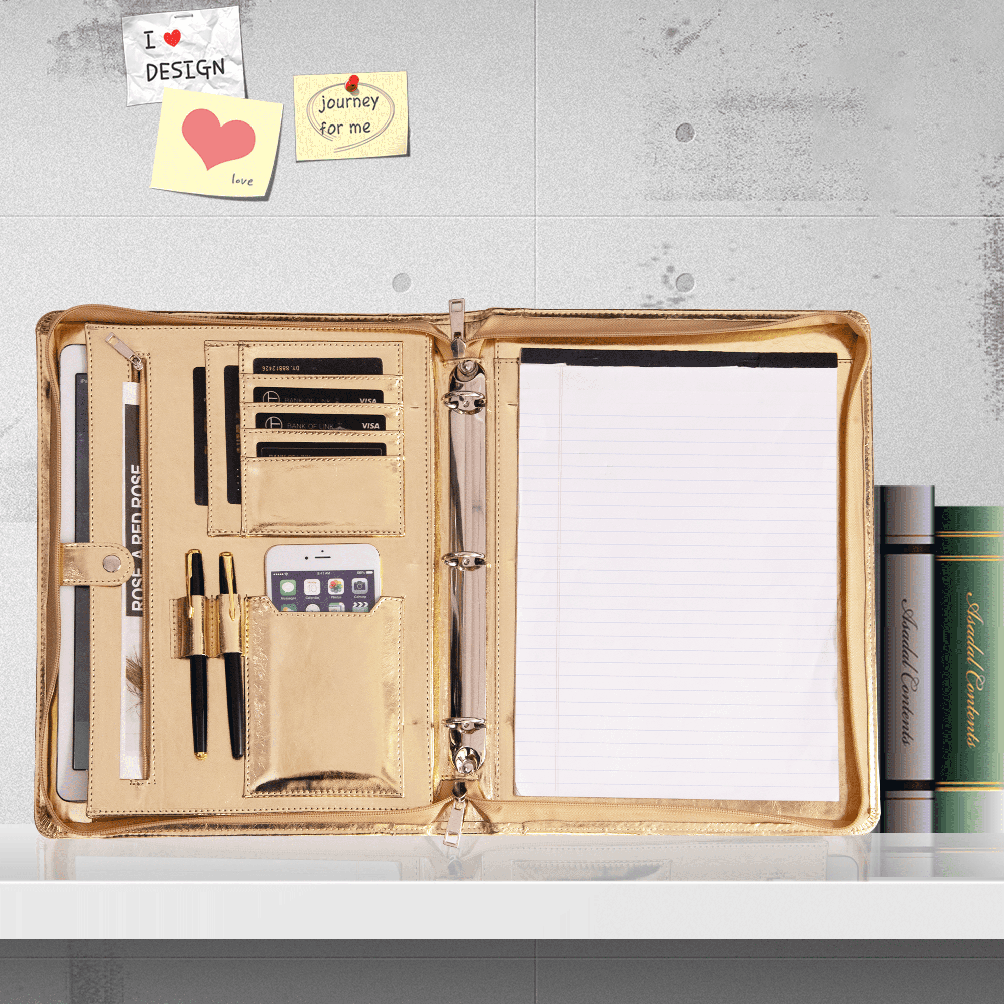 Spotlight Golden Portfolio 3 Ring Binder, Vegan Leather Portfolio Binder with Zipper, Business Padfolio Organizer Notepad Holder,Folder with Tablet Sleeve for ipad Pro 13 MacBook
