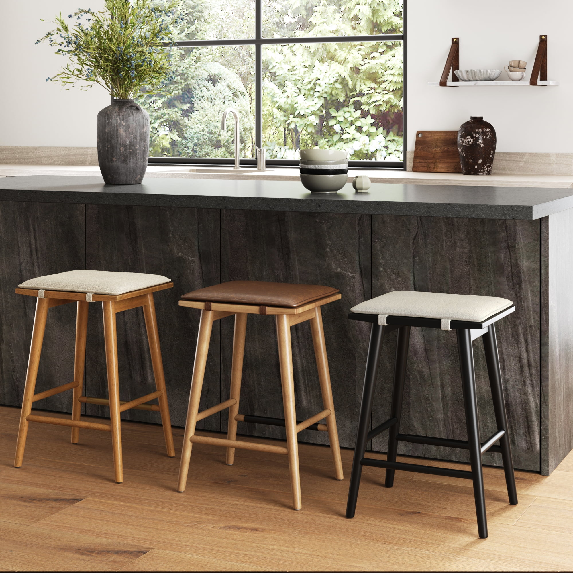 Nathan James Barker Counter Height Solid Wood Barstool with Upholstered Cushion, Backless Island Stool with Rubberwood Legs and Natural Textured Linen Upholstery for Kitchen, Brown/White