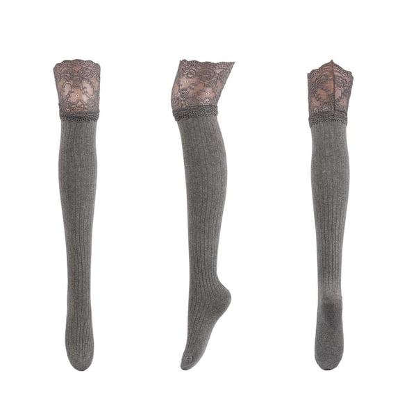 LckLvx Thigh High Socks for Women Solid Color Lace Trim Over the Knee Socks Ribbed Knit Long Stocking