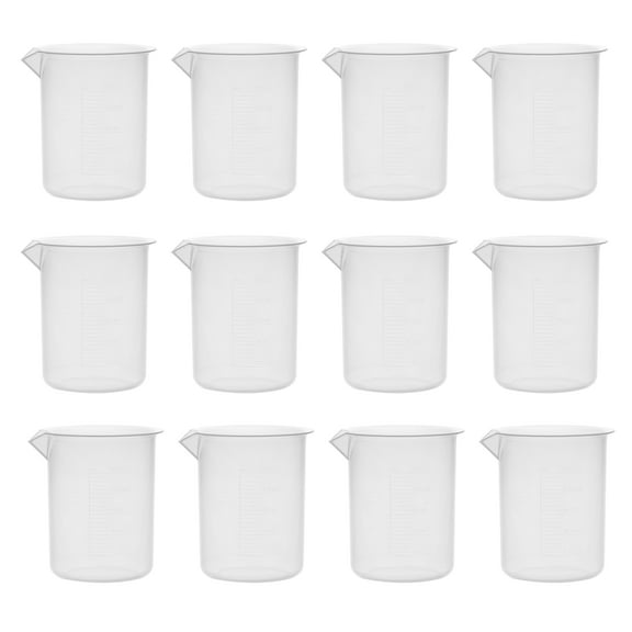12PK Plastic Beakers, 250ml - Polypropylene Plastic - Raised Graduations, Tapered Spout - Euro Design - Eisco Labs