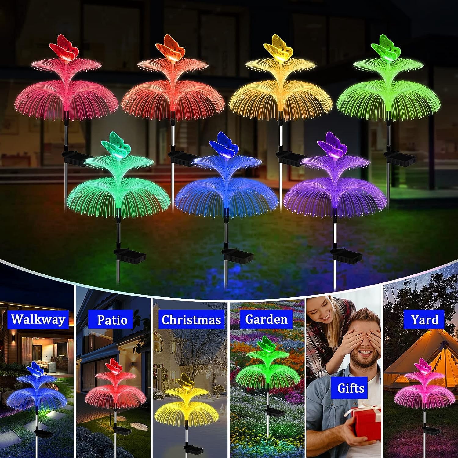 KOMI Solar Garden Lights Outdoor Waterproof 3 Pack Solar Flower Lights Yard Lights 7 Color Changing Double Jellyfish Wing Solar Yard Lights for Garden Decor Yard Decor Outdoor Decor Gifts for Women
