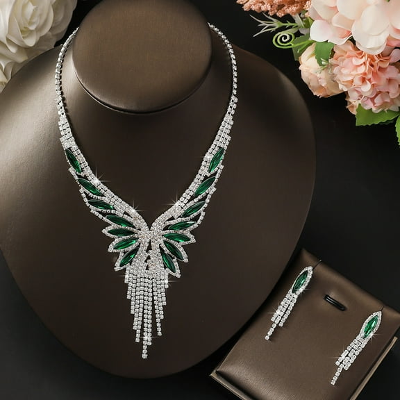 Faty-T Crystal Bridal Wedding Jewelry Set Silver Sparkly Rhinestone Necklace Earrings Prom Costume Jewelry Necklace for Women