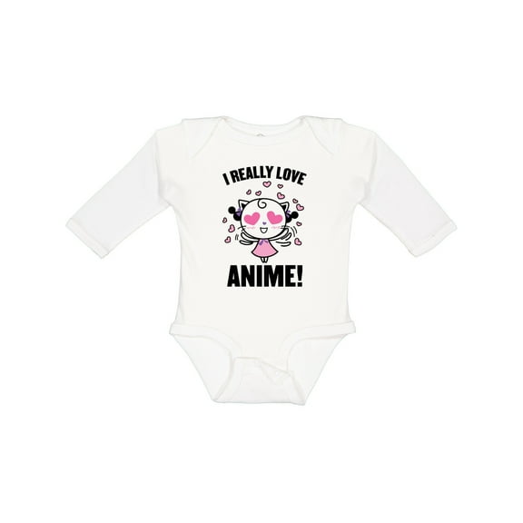 Inktastic I Really Love Anime with Cute Anime Cat and Hearts Boys or Girls Long Sleeve Baby Bodysuit