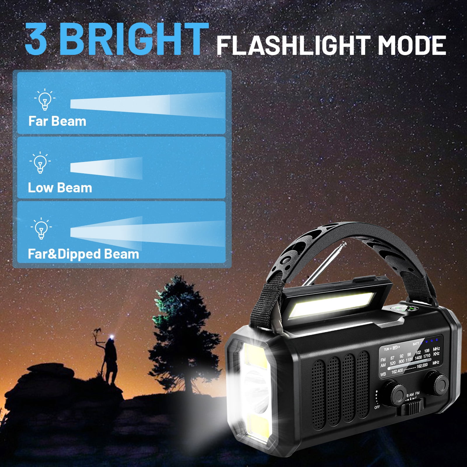 Geemuslly 10000mAh Hand Crank Emergency Radio,NOAA/AM/FM Weather Radio with Type-C Charge, Solar Charging, SOS, 3 Modes LED Torch, Reading Lamp, Compass for Camping, for Indoor Outdoor Emergencies