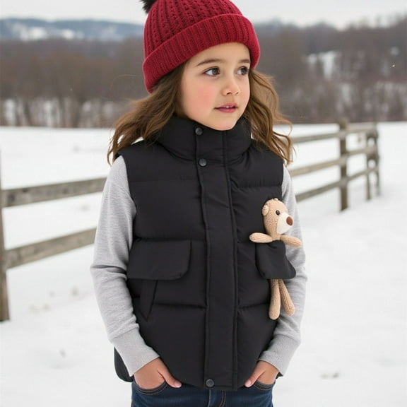 AUNVITO Thermal Fleece Lined Bear Design Vest for Boys & Girls 1-12Y, Windproof Padded Coat, Loose Fit Short Quilted Jacket with Nylon & Spandex