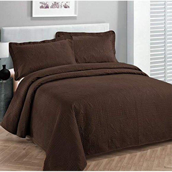 Fancy Couvre-lit de Luxe Collection, Couvre-Lit Gaufré, Couvre-Lit Uni Café, Neuf, Grande Taille 118"x106 Pouces Très Grand/California Très Grand