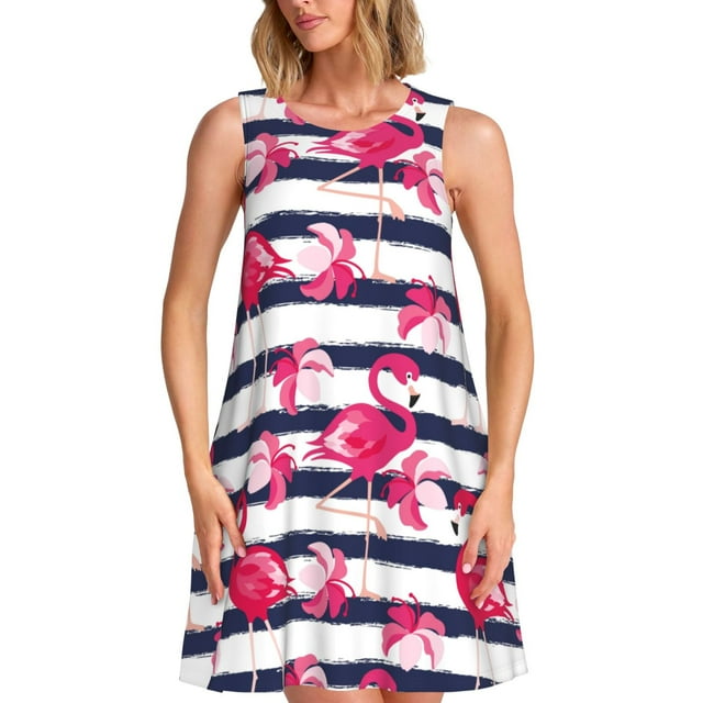 Vsdgher Robes d'Été Imprimé Flamants Roses pour Femmes Robe de Plage Décontractée Col en U Sans Manches Robe d'Été Ample avec Poche
