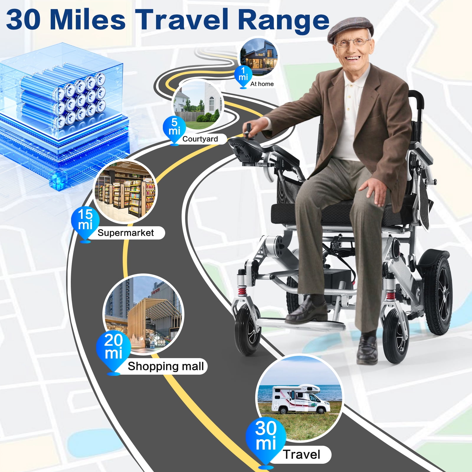 Thland 30+ Miles Long Travel Range, Portable Electric wheelchair for Adults Lightweight Foldable, All Terrain Motorized Power Wheelchair for Seniors Portable, Airline Approved