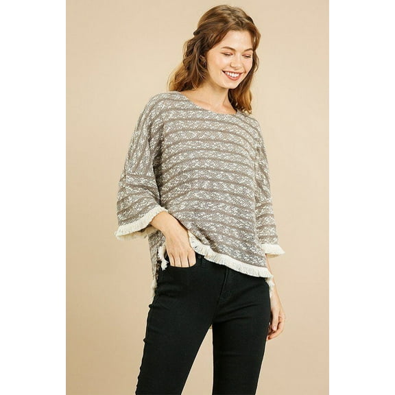 Heathered Striped Knit Bell Sleeve Round Neck Top