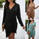 thumbnail image 5 of Vestido de manga larga con cuello en V, minivestido sólido con cintura y lazo, vestido irregular Irfora Beige/Medio, 5 of 7