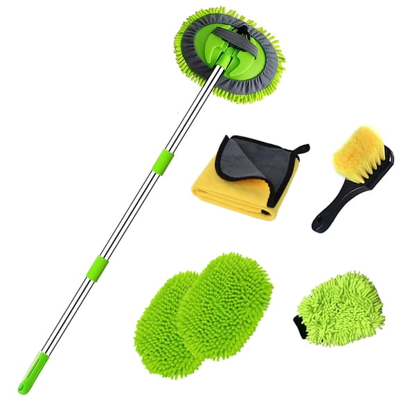 47.5'' Car Wash Brush with Long Handle, 2 in 1 Chenille Microfiber Sponge Mitt Cleaning Detailing Duster, set includes Wash Mitt Towel Replacement mop cover Wheel Brush for Car Truck RV（Green）