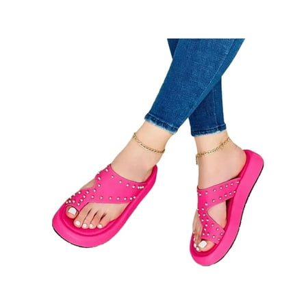 

Sanviglor Women s Flip-flops Studded Sandals Slip On Slippers Beach Nonslip Comfortable Casual Shoes Cozy Clip Toe Shoe Rose Red 5.5