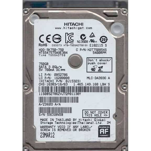 HTS547575A9E384, PN 0J15323, MLC DA3936, Hitachi 750GB SATA 2.5 Hard Drive
